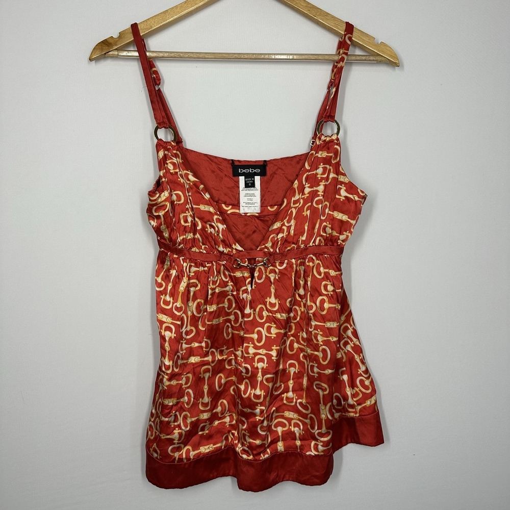 Bebe Reversable Silk Orange Top Small Gold Y2K Club Chic Gold Accents Camisole